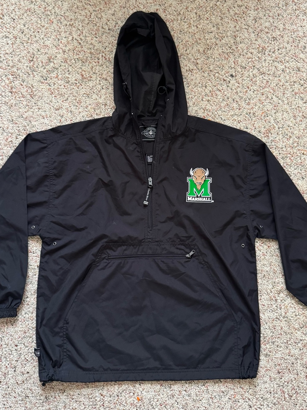 Marshall Black Hooded Pullover Windbreaker with Green Logo